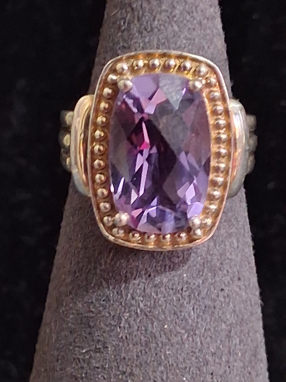 Vintage Sterling Silver Amethyst Cushion Cut Statement Ring Mixed Metal Beaded